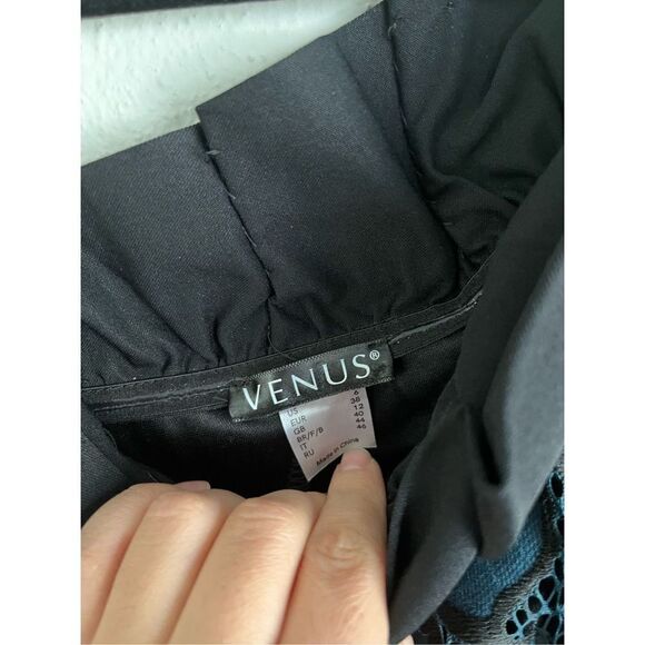 Venus 
Blue & Black Lace One Sleeve Dressy Ruffled Blouse, Size 6 - Picture 6 of 9